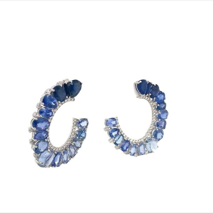 Mixed Cut RUCHI Ombré Blue Sapphire and Diamond Diamond C-Shape Clip-On Earrings For Sale