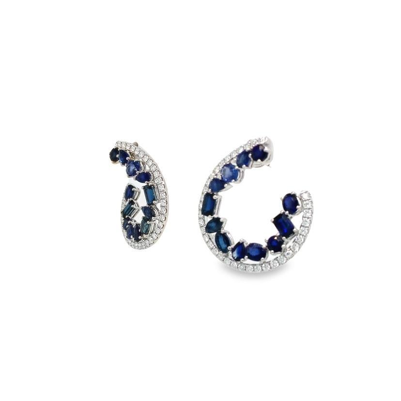 Mixed Cut RUCHI Mixed-Shape Blue Sapphire and Diamond Yellow Gold C-Shape Earrings For Sale