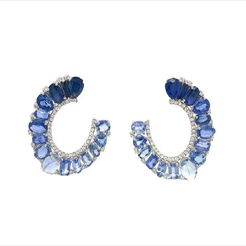 RUCHI Ombré Blue Sapphire and Diamond Diamond C-Shape Clip-On Earrings In New Condition For Sale In New York, NY