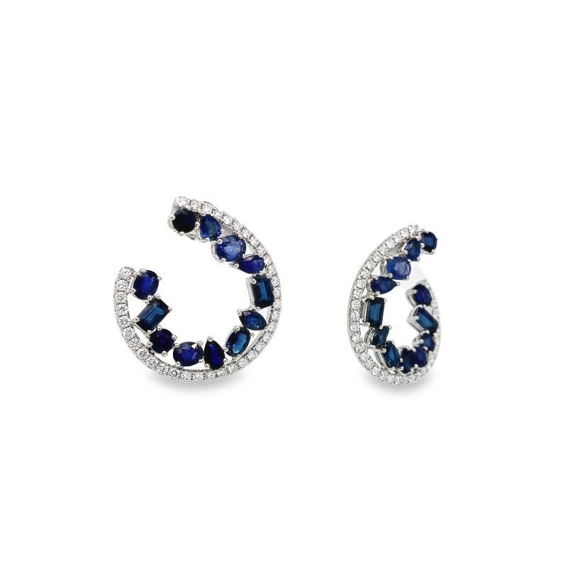 Women's RUCHI Mixed-Shape Blue Sapphire and Diamond Yellow Gold C-Shape Earrings For Sale