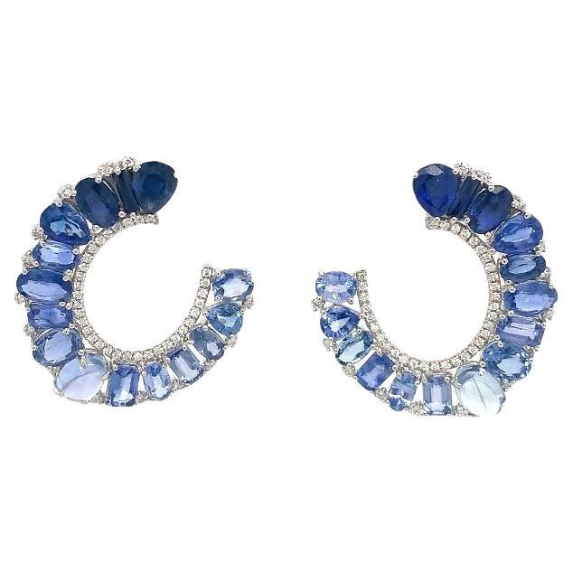 RUCHI Ombré Blue Sapphire and Diamond Diamond C-Shape Clip-On Earrings For Sale