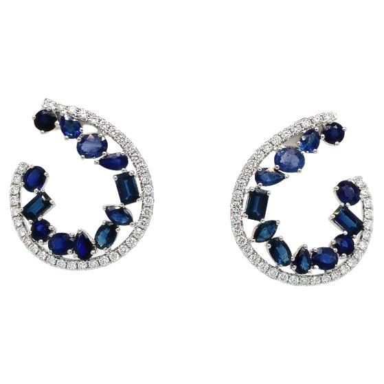 RUCHI Mixed-Shape Blue Sapphire and Diamond Yellow Gold C-Shape Earrings For Sale