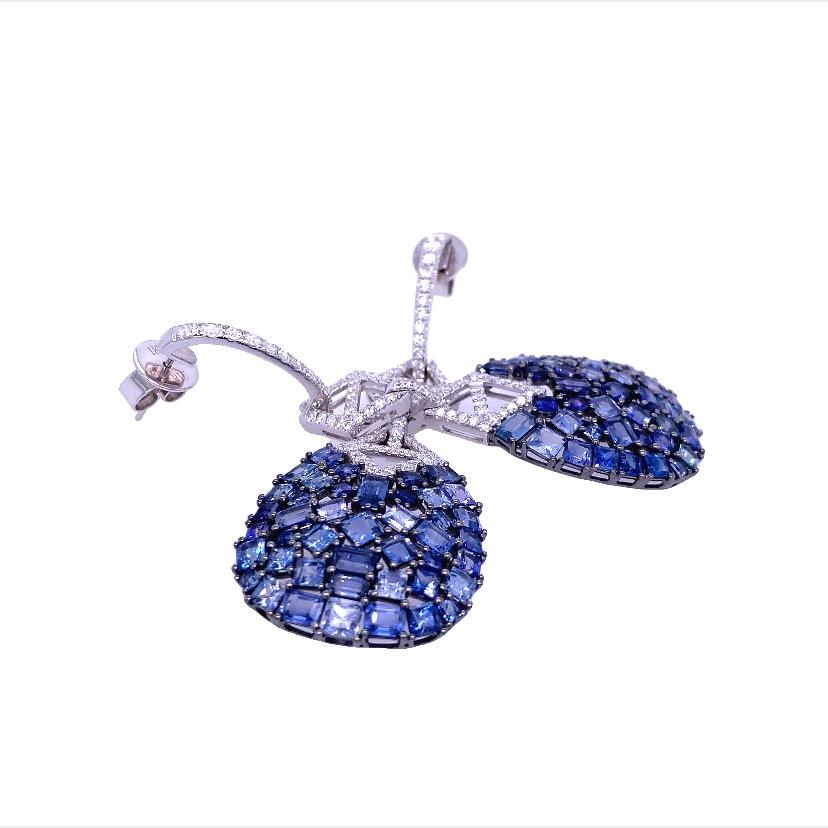 Contemporary RUCHI Mixed Shape Blue Sapphire and Diamond White Gold Chandelier Earrings For Sale