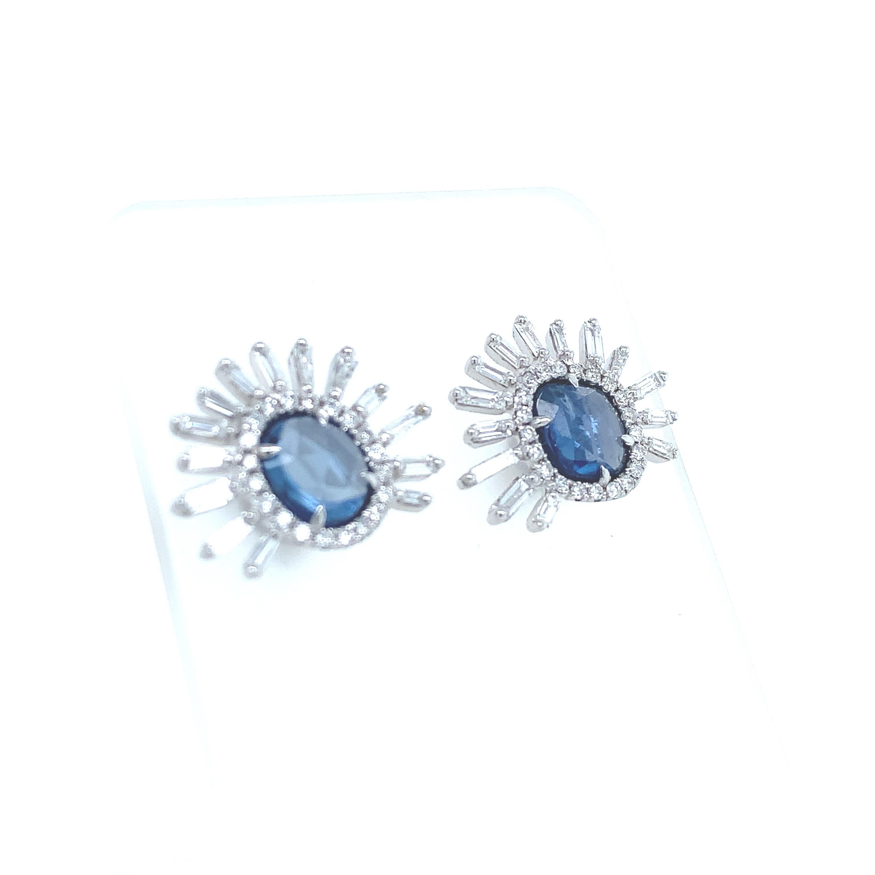 Rose Cut RUCHI Blue Sapphire with Baguette Diamond Stud Earrings For Sale