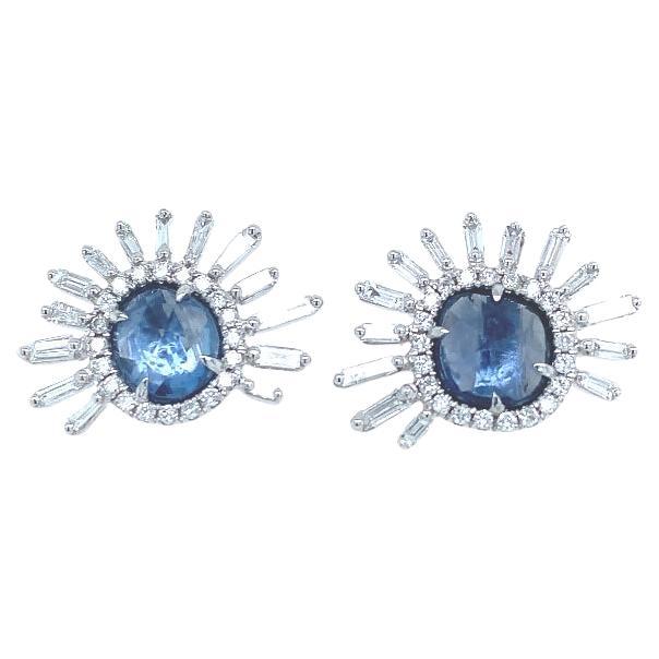 RUCHI Blue Sapphire with Baguette Diamond Stud Earrings For Sale