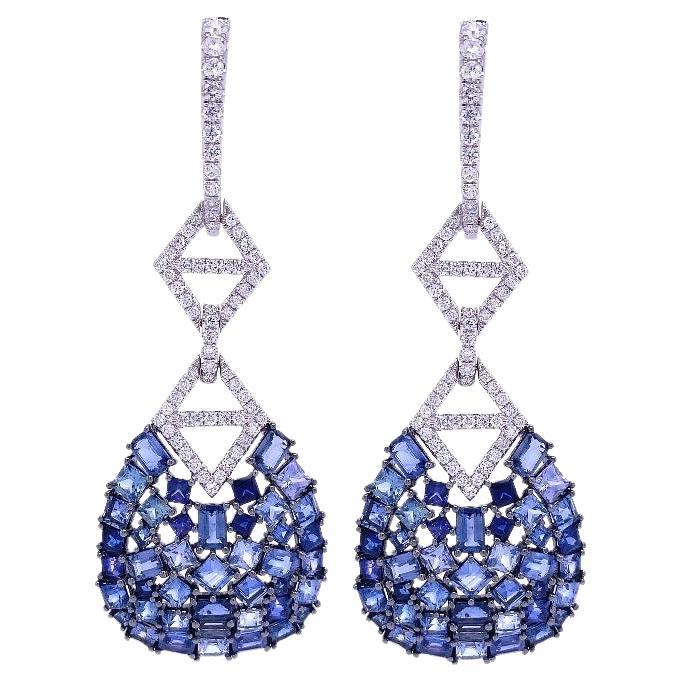 RUCHI Mixed Shape Blue Sapphire and Diamond White Gold Chandelier Earrings For Sale