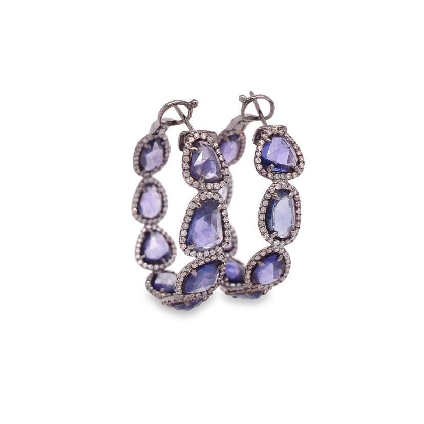 Contemporary RUCHI Blue Sapphire & Pavé Diamond Black Rhodium Hoop Earrings For Sale