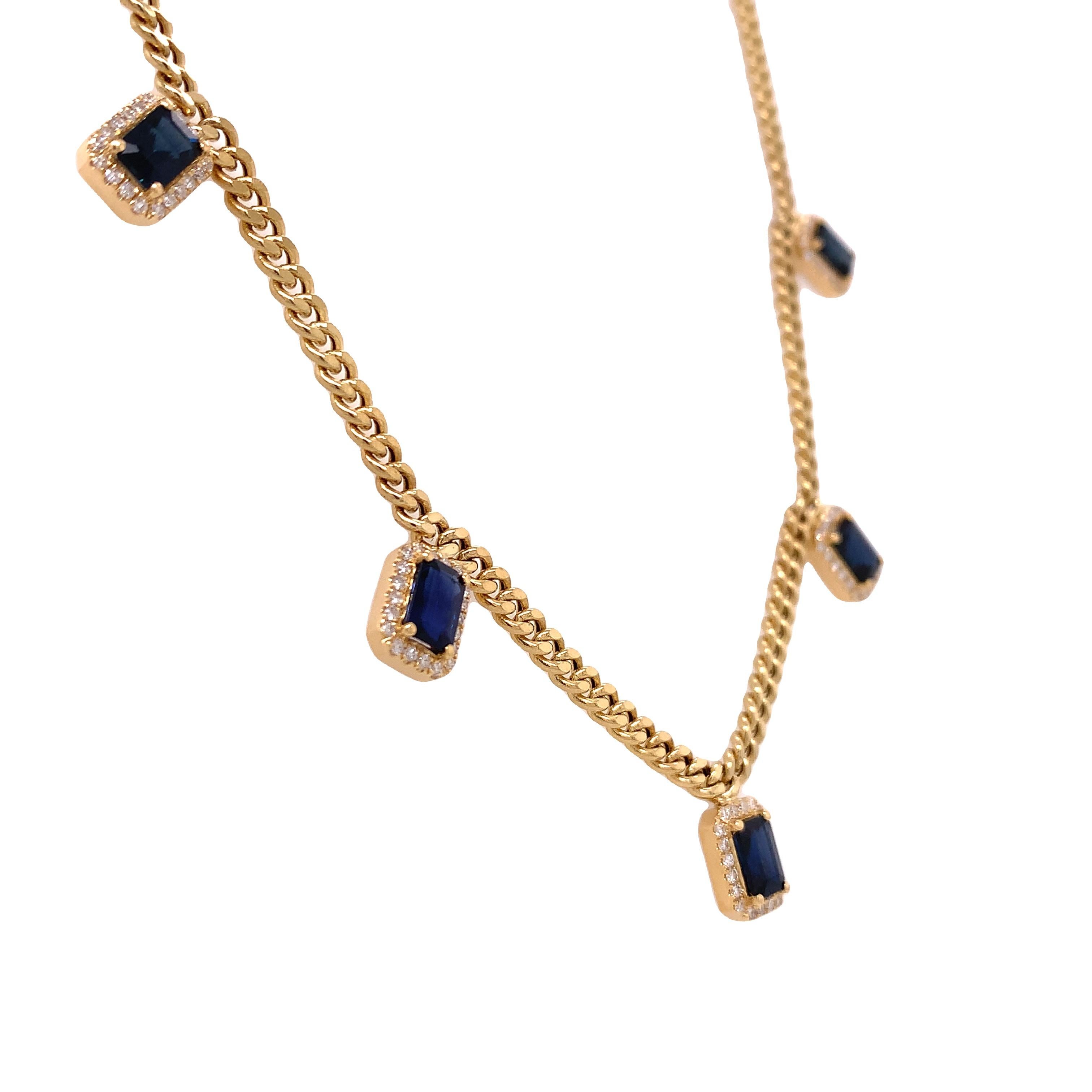 18K Yellow Gold

Blue Sapphire: 3.58ct total weight.
Diamond: 0.48ct total weight.
All diamonds are G-H/SI stones.