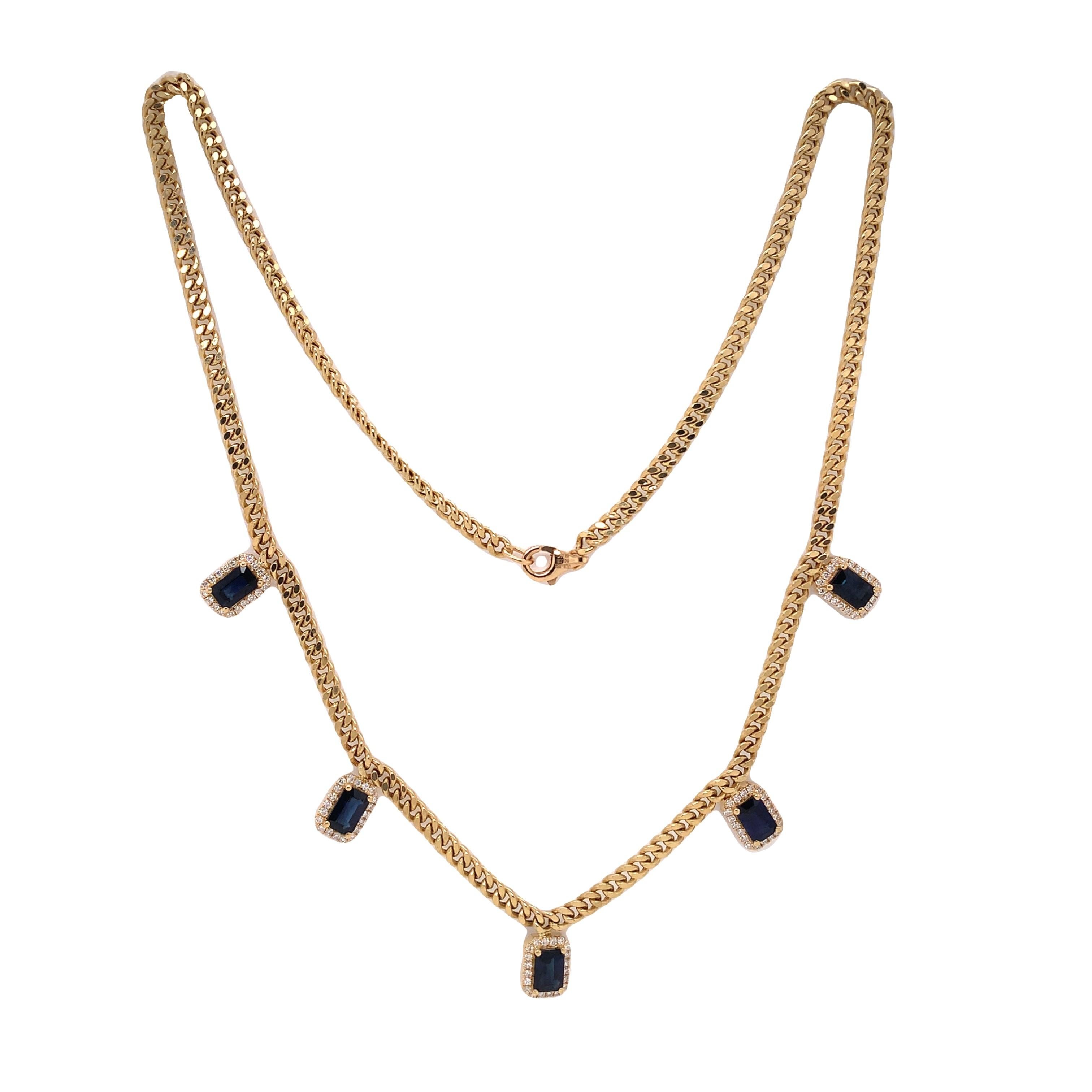 Contemporary RUCHI Blue Sapphire and Diamond Yellow Gold Cuban-Link Chain Necklace For Sale