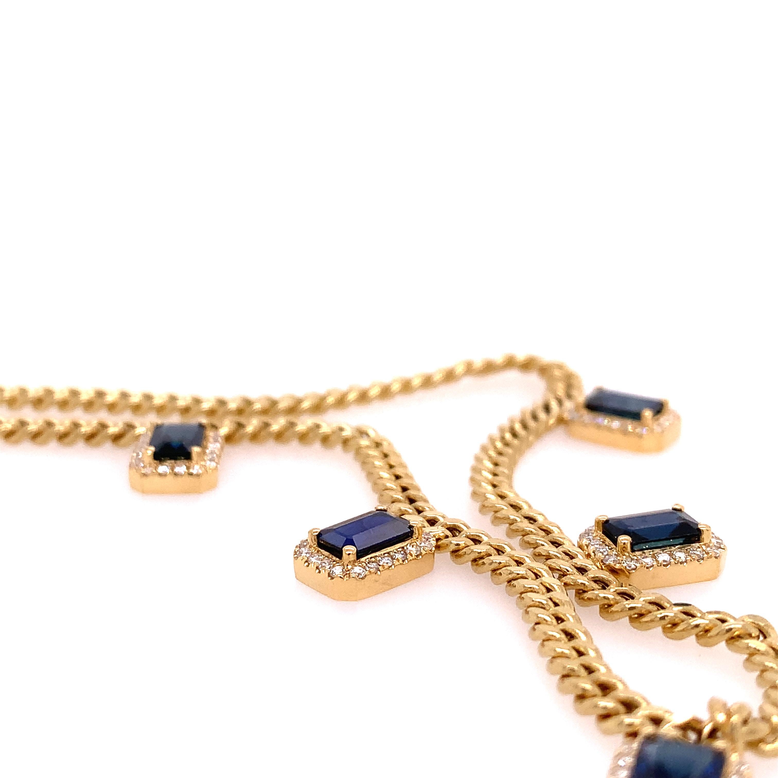 Emerald Cut RUCHI Blue Sapphire and Diamond Yellow Gold Cuban-Link Chain Necklace For Sale