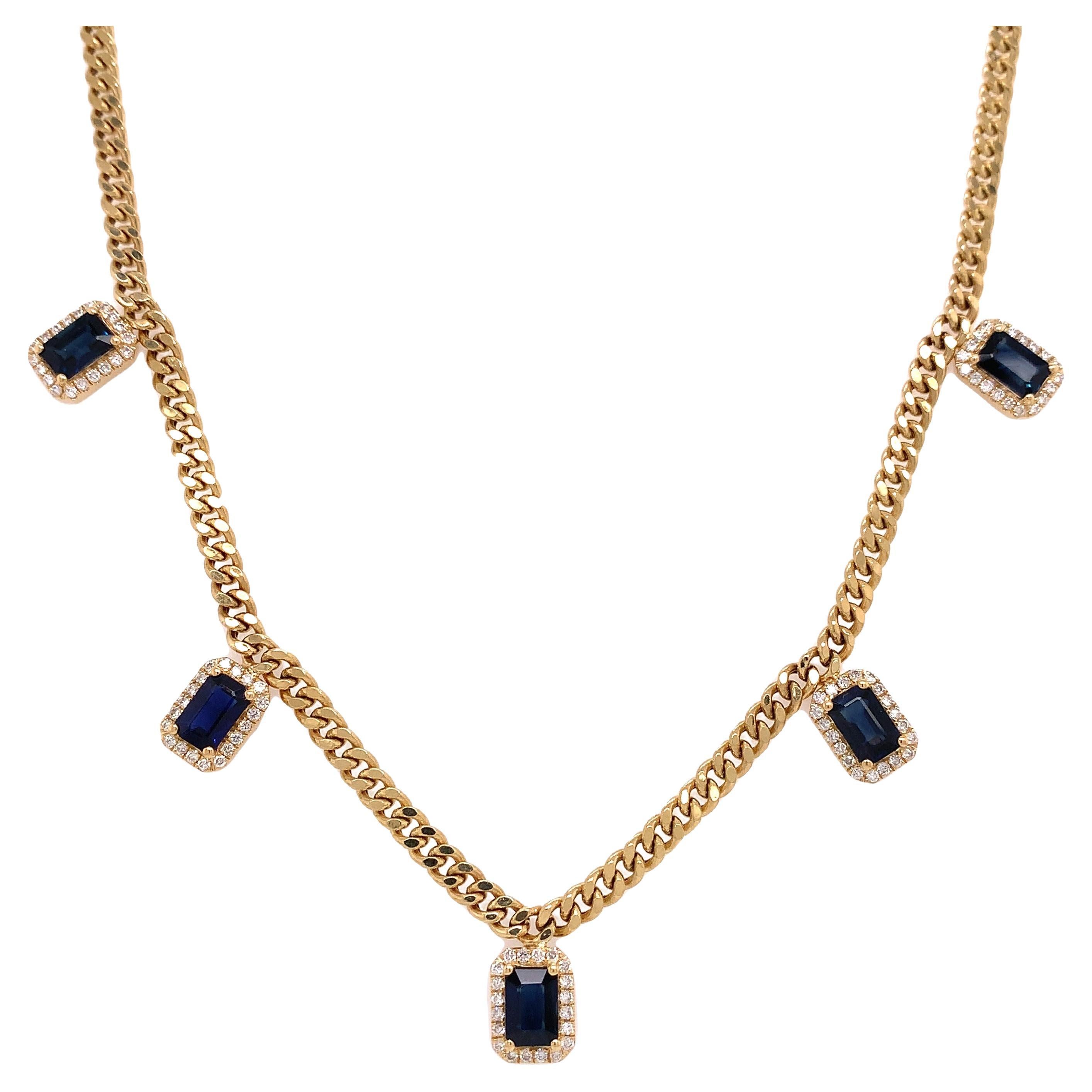 RUCHI Blue Sapphire and Diamond Yellow Gold Cuban-Link Chain Necklace For Sale