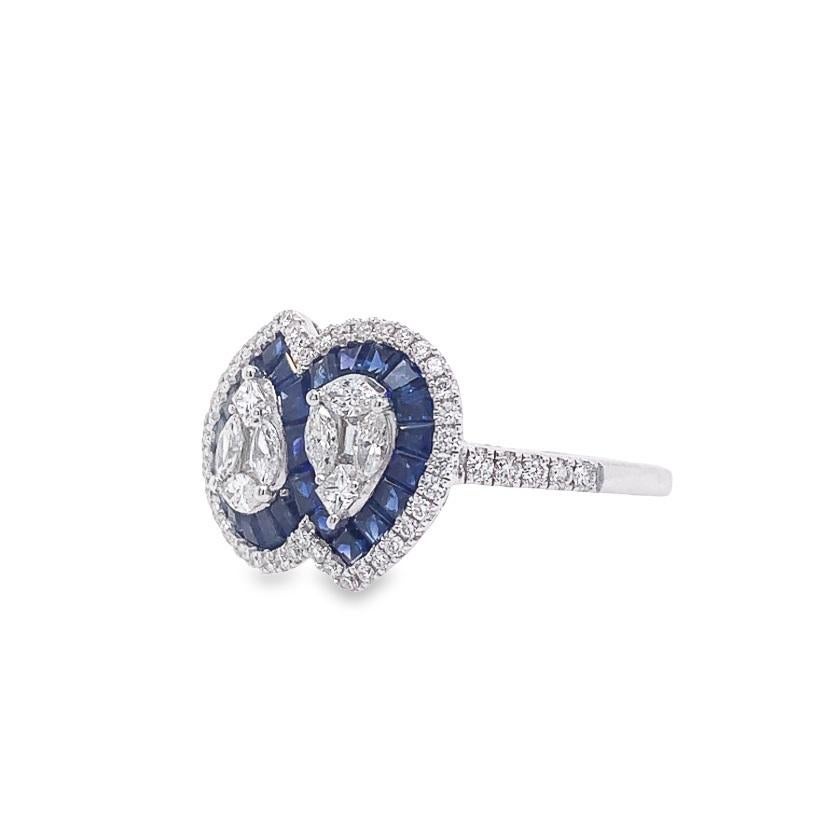 Contemporary RUCHI Blue Sapphire and Mixed-Shape Diamond White Gold Ring For Sale
