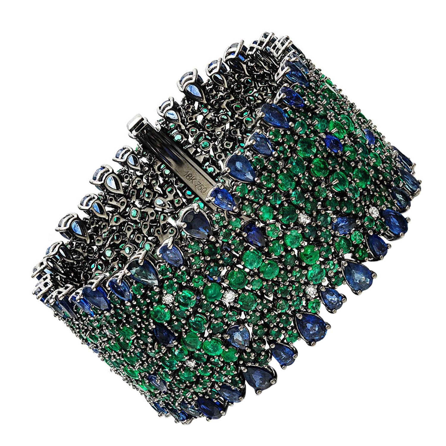 RUCHI Blue Sapphire, Emerald and Diamond Black Rhodium Wide Bracelet For Sale