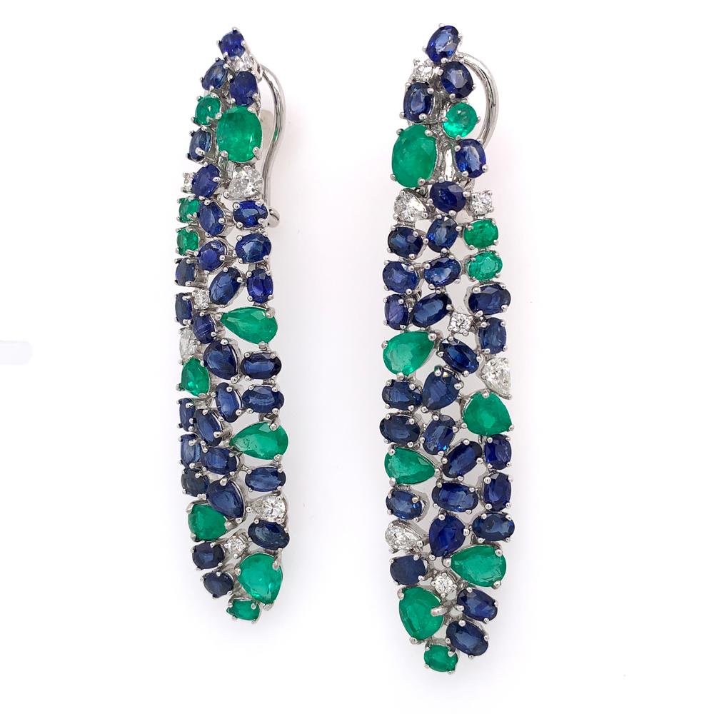Earthly Hues Collection Collection

Blue Sapphire, Emerald and Diamond chandelier earrings set in 18K white gold. 

Sapphire: 15.64ct total weight.
Emerald: 6.83ct total weight.
Diamonds: 0.28ct total weight.
All diamonds are G-H/SI stones.