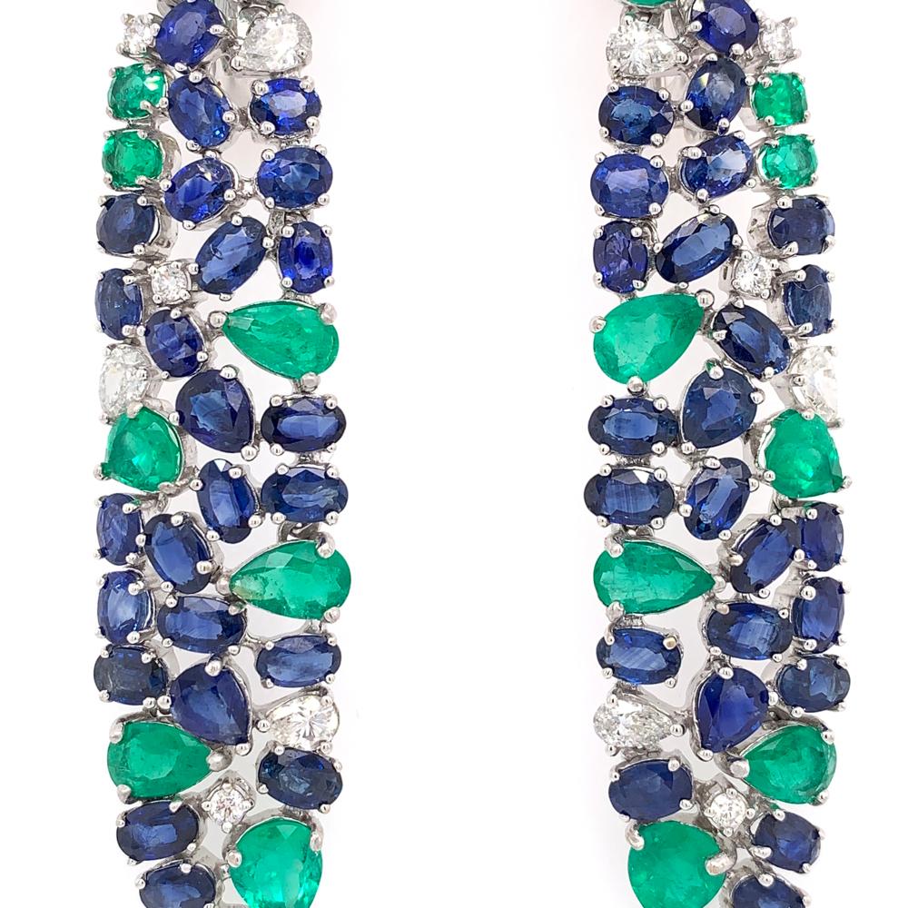 Oval Cut Ruchi New York Blue Sapphire, Emerald And Diamond Chandelier Earrings