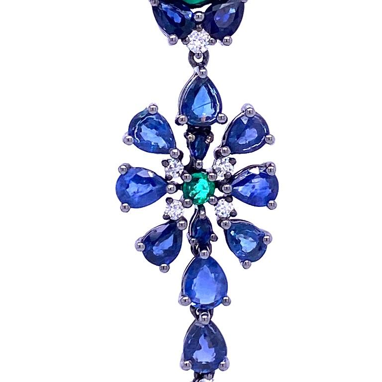 Contemporary RUCHI Blue Sapphire, Emerald and Diamond Black Rhodium Linear Drop Earrings For Sale
