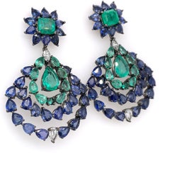 RUCHI Blue Sapphire, Emerald and Diamond Black Rhodium Chandelier Earrings