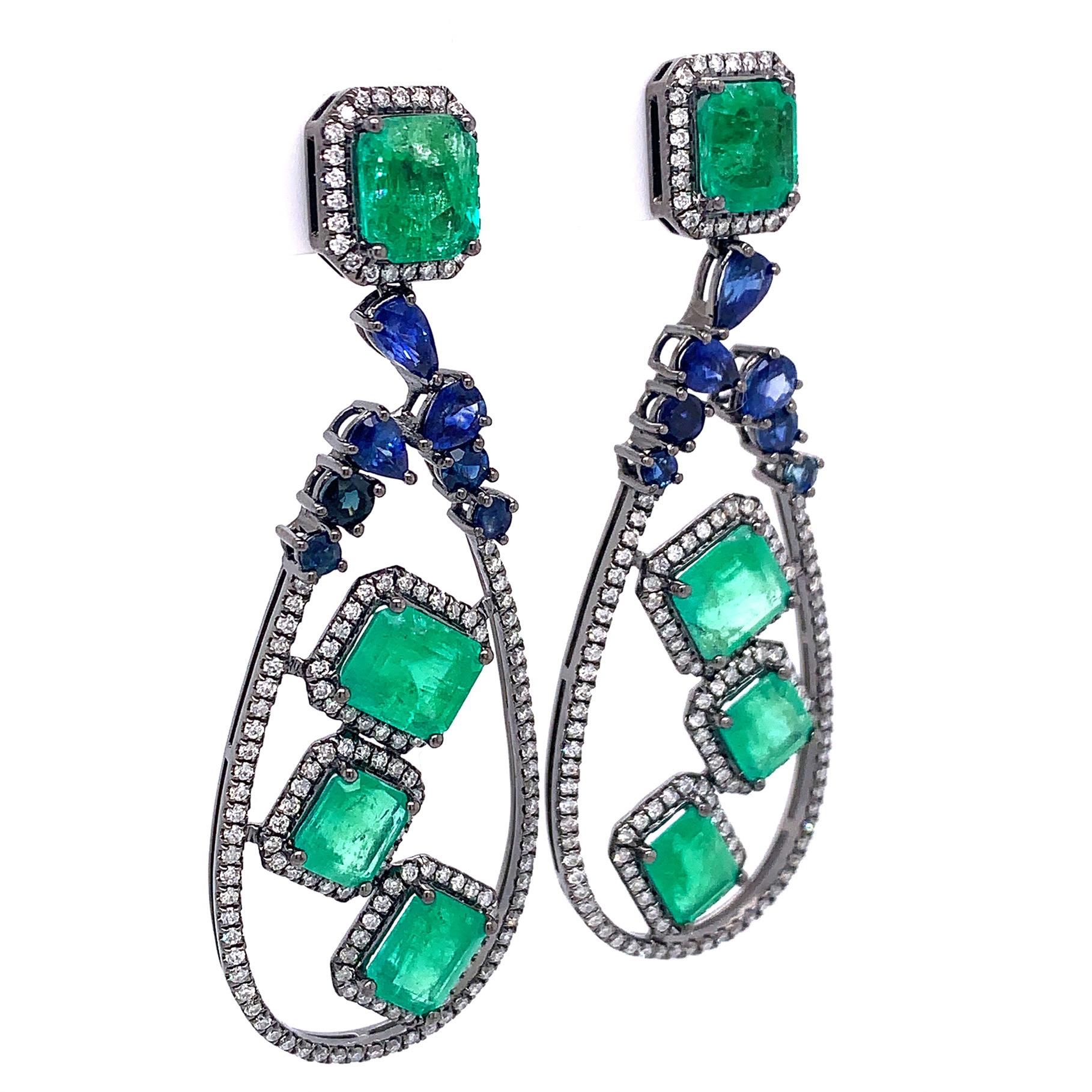 Round Cut Ruchi New York Blue Sapphire, Emerald and Diamond Earrings