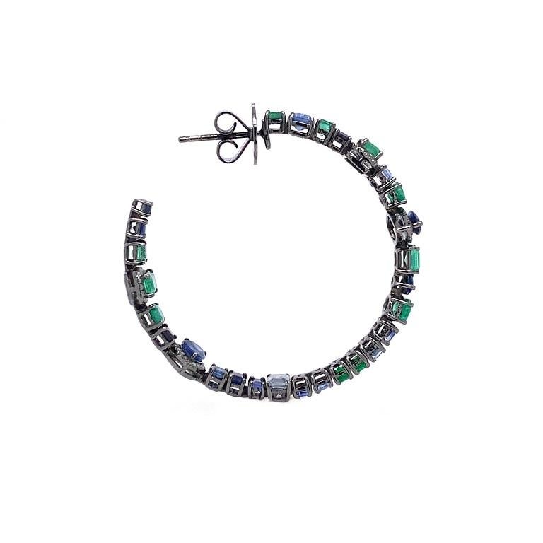 Contemporary Ruchi New York Blue Sapphire, Emerald and Diamond Mix Shape Hoop Earrings