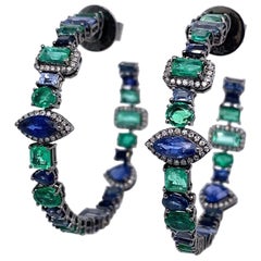 Ruchi New York Blue Sapphire, Emerald and Diamond Mix Shape Hoop Earrings