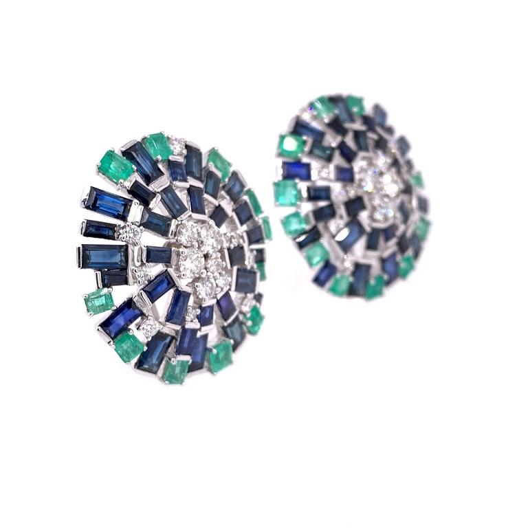 18K White Gold
Blue Sapphires: 10.44ct total weight. 
Emeralds: 2.98ct total weight.
Diamonds: 1.52ct total weight.
All diamonds are G-H/SI stones.