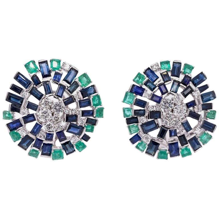 RUCHI Blue Sapphire, Emerald and Brilliant Diamond White Gold Clip-On Studs For Sale