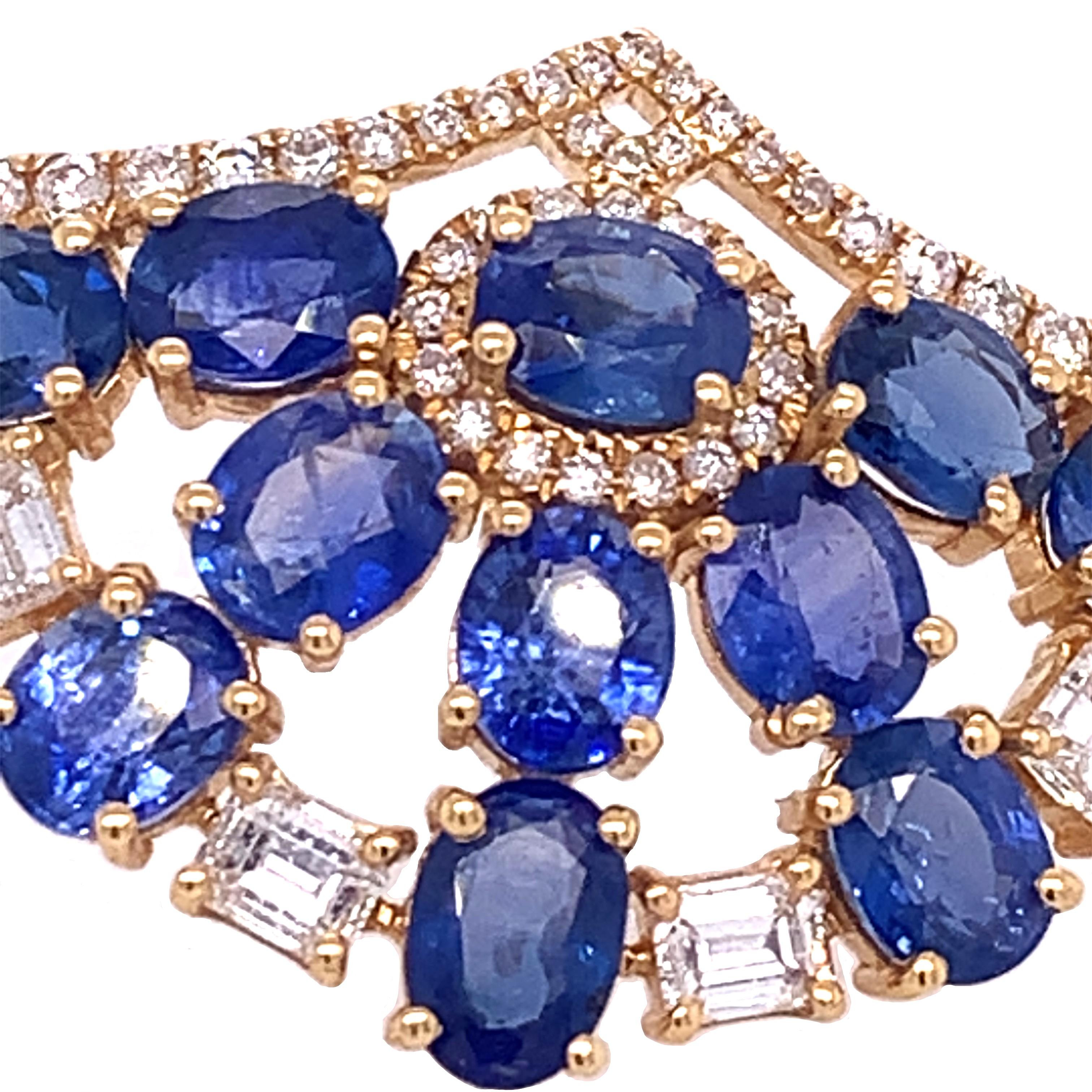 18K Yellow Gold
Blue Sapphire: 11.11ct total weight.
Diamond: 1.50ct total weight.
All diamonds are G-H/SI stones.