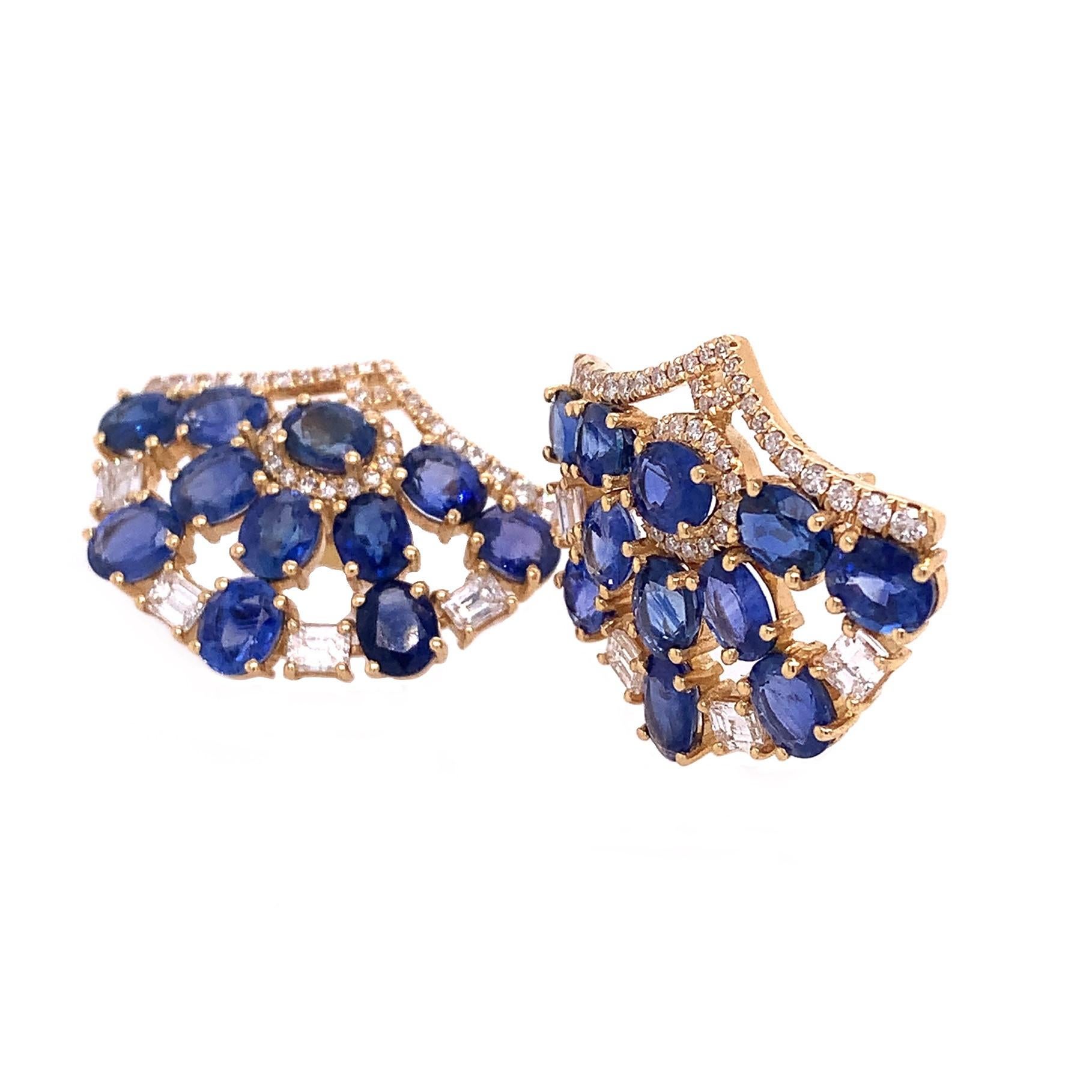 Contemporary RUCHI Blue Sapphire & Pavé Yellow Gold Fan Stud Earrings For Sale