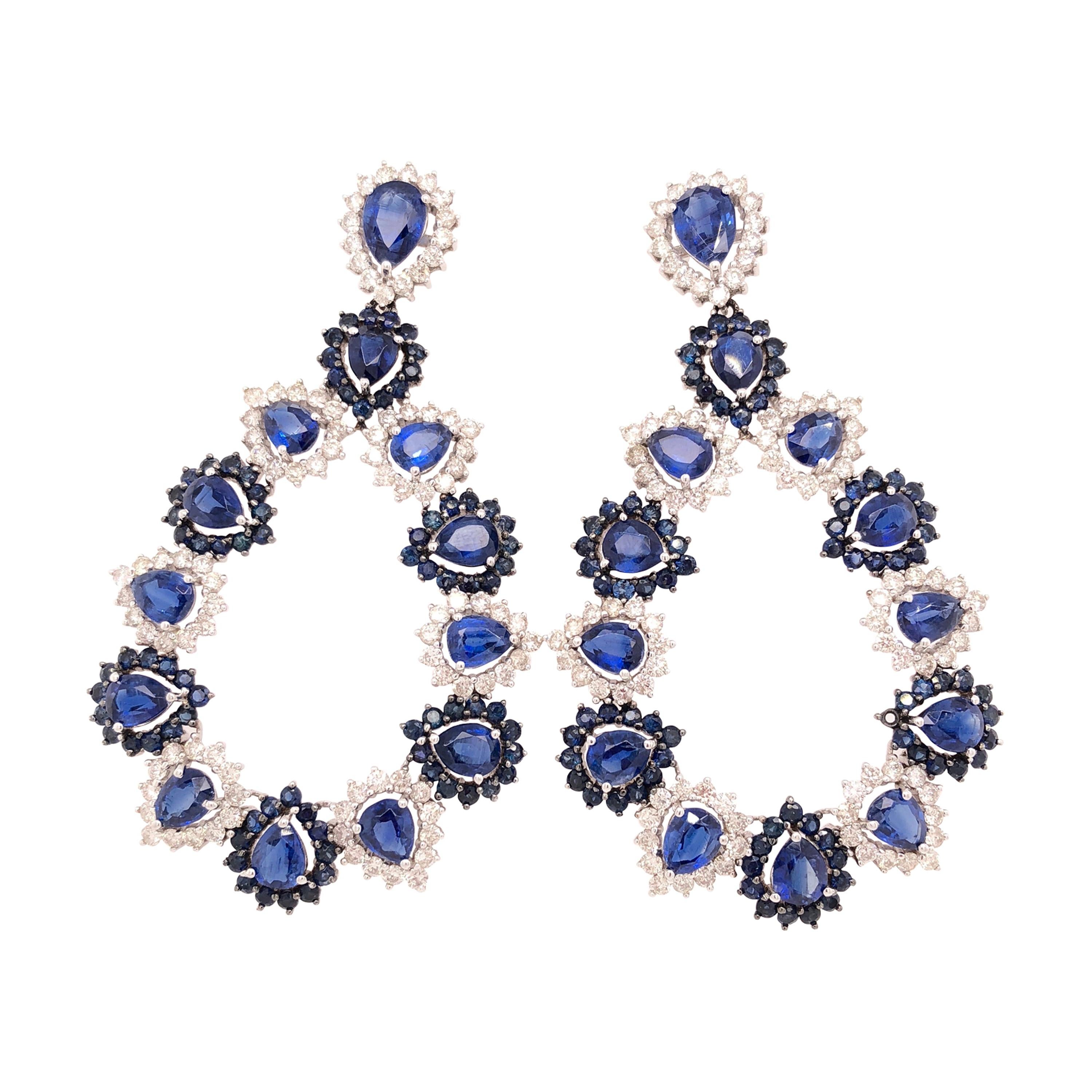 RUCHI Boucles d'oreilles chandelier en or blanc, saphir bleu, Kyanite et diamants