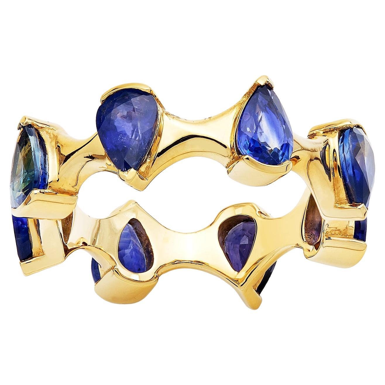 RUCHI Alternating Pear-Shaped Blue Sapphire Yellow Gold Wavy Ring For Sale