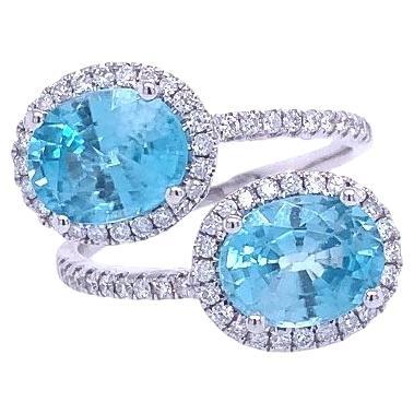 RUCHI Blue Zircon and Diamond White Gold Bypass Ring For Sale