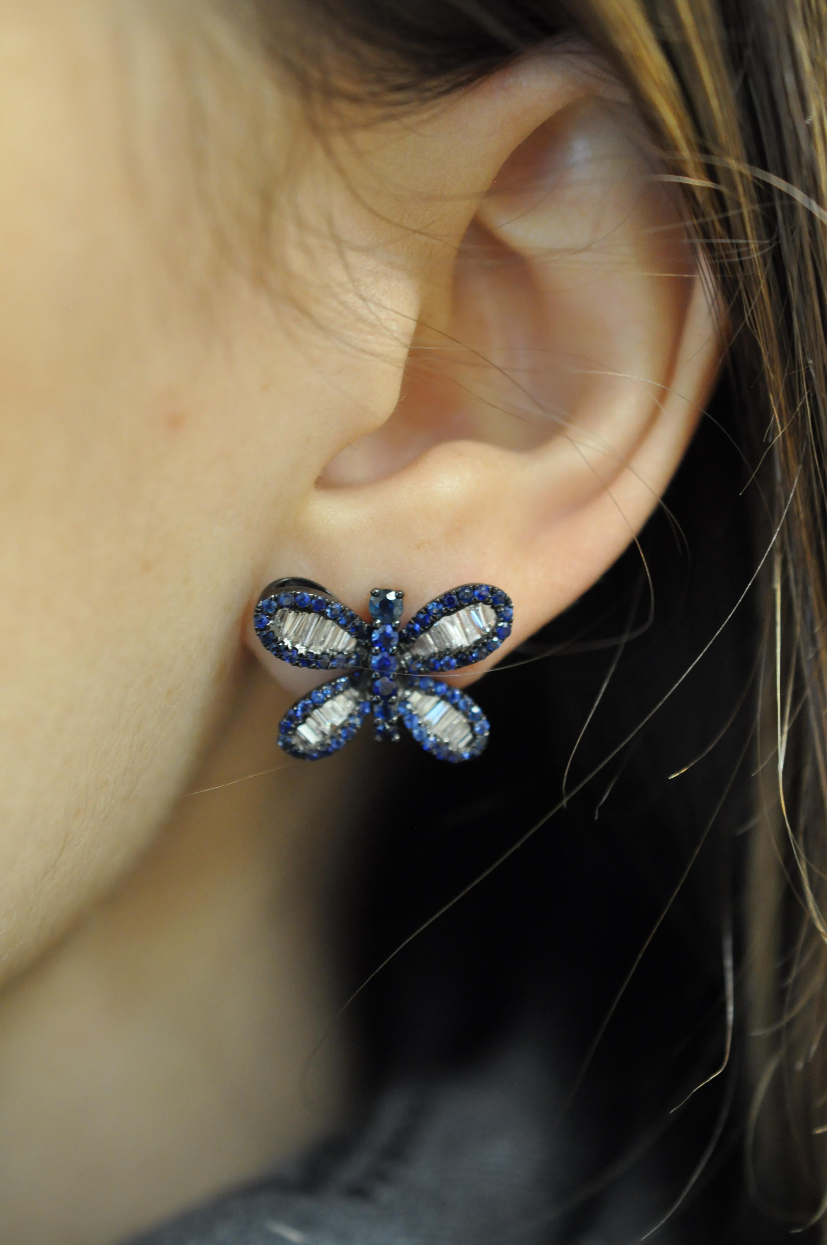 Baguette Cut Ruchi New York Butterfly Sapphire and Diamond Studs