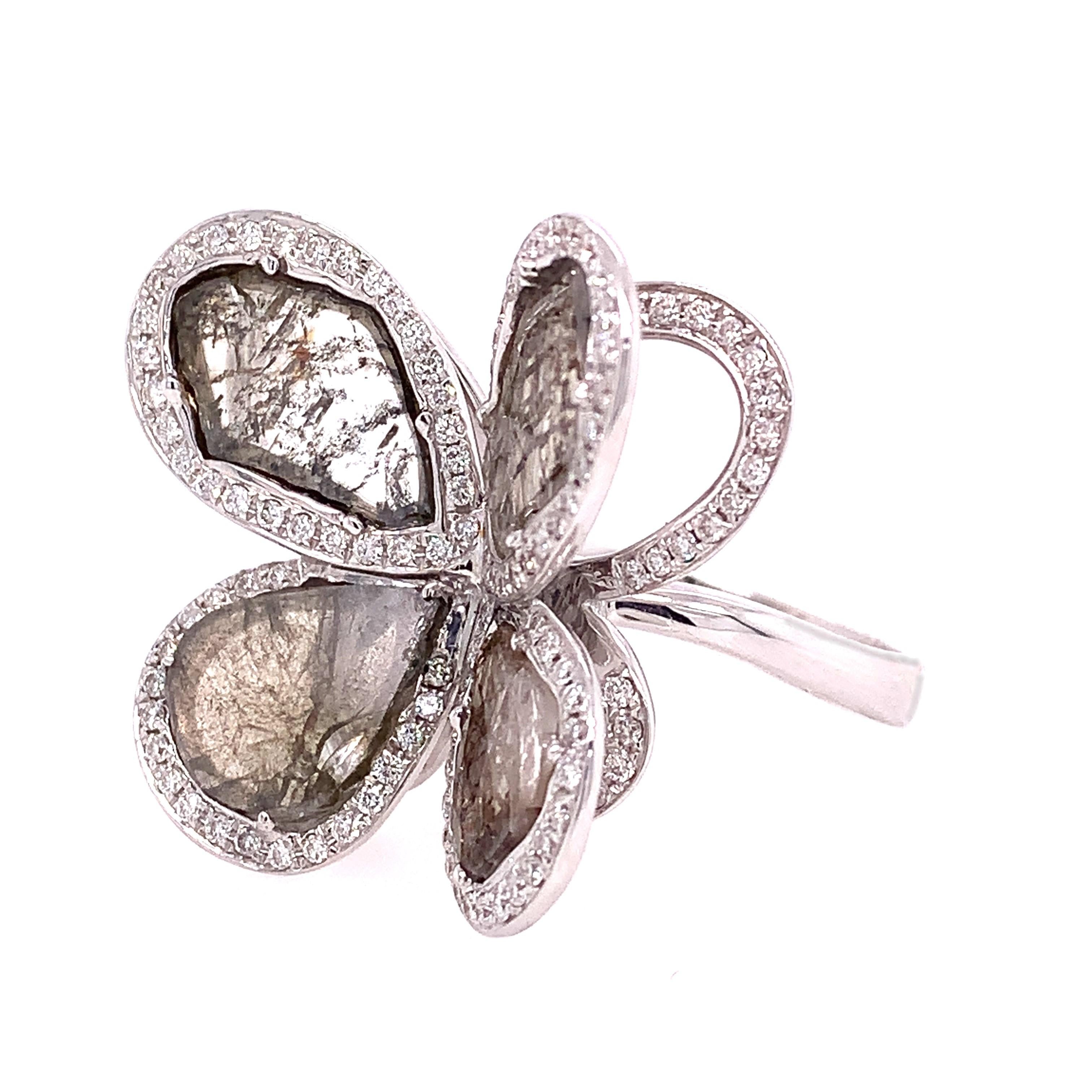 Contemporary RUCHI Sliced Diamond & Brilliant Diamond White Gold Butterfly Cocktail Ring For Sale