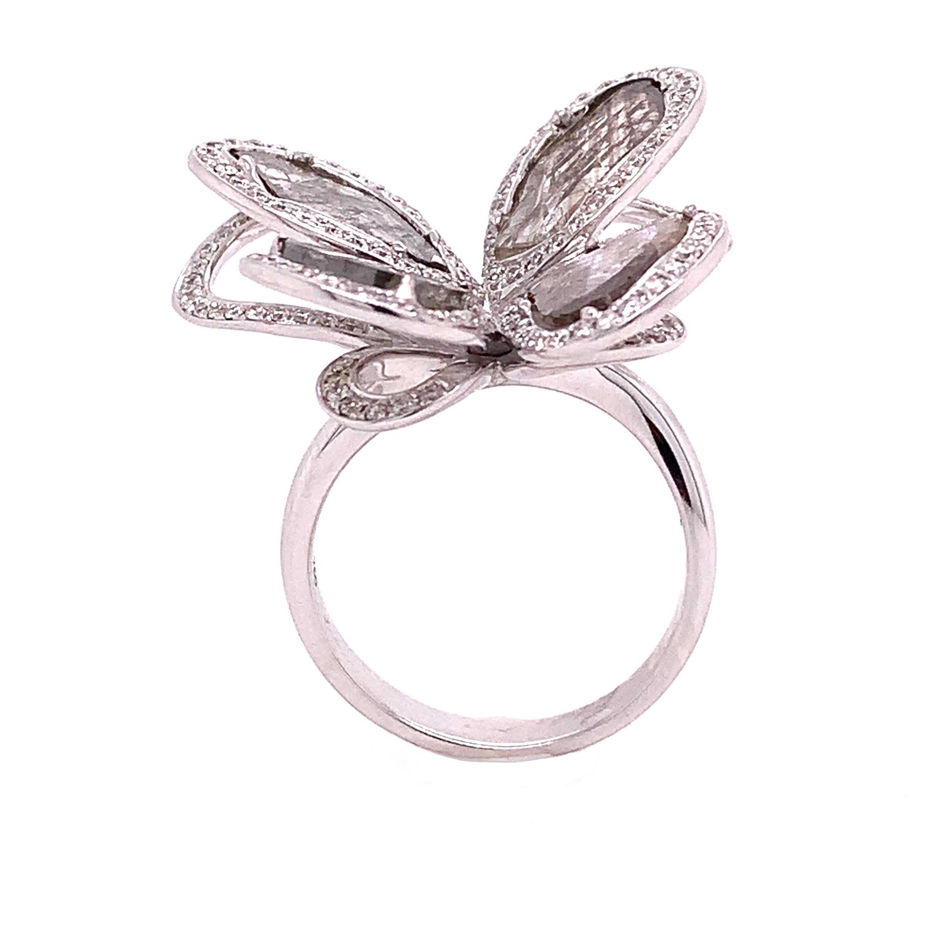 Mixed Cut RUCHI Sliced Diamond & Brilliant Diamond White Gold Butterfly Cocktail Ring For Sale