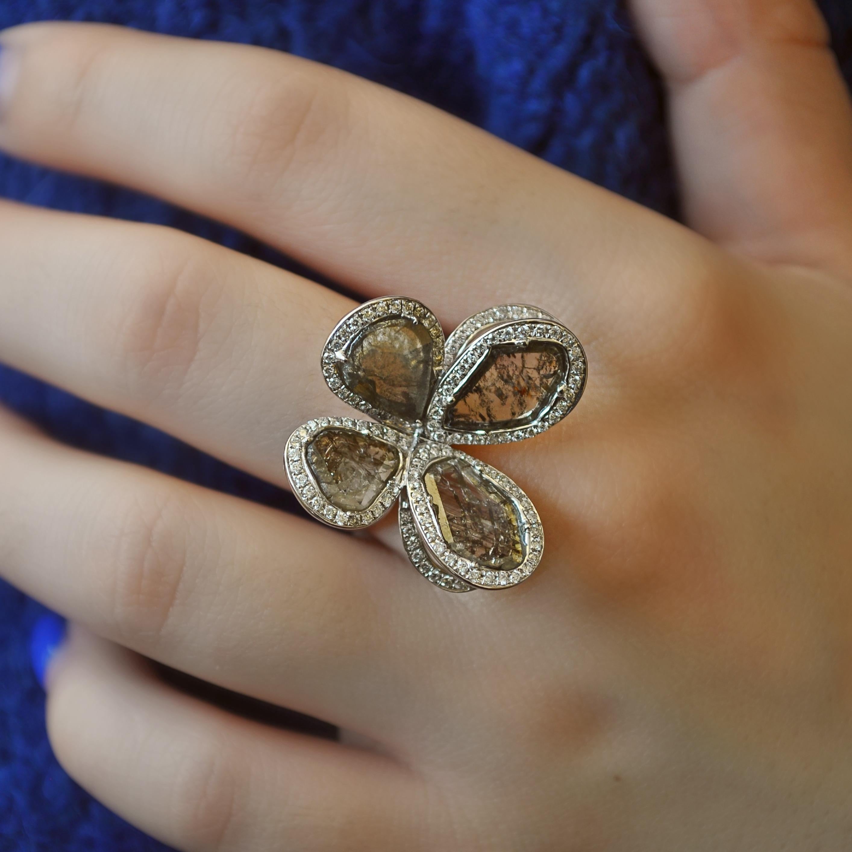 Women's RUCHI Sliced Diamond & Brilliant Diamond White Gold Butterfly Cocktail Ring For Sale