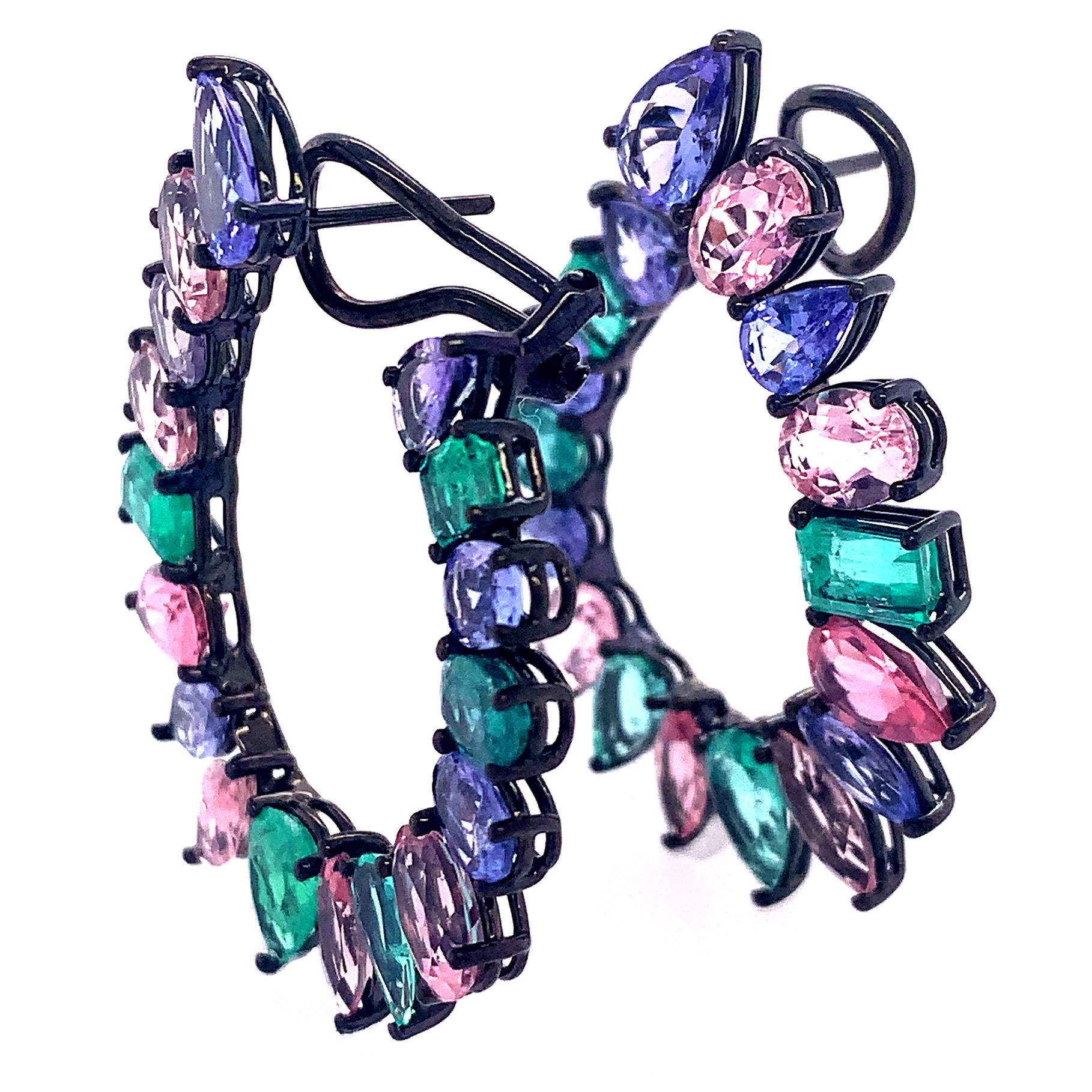 Contemporary Ruchi New York C Shape Emerald, Tanzanite and Tourmaline Earrings