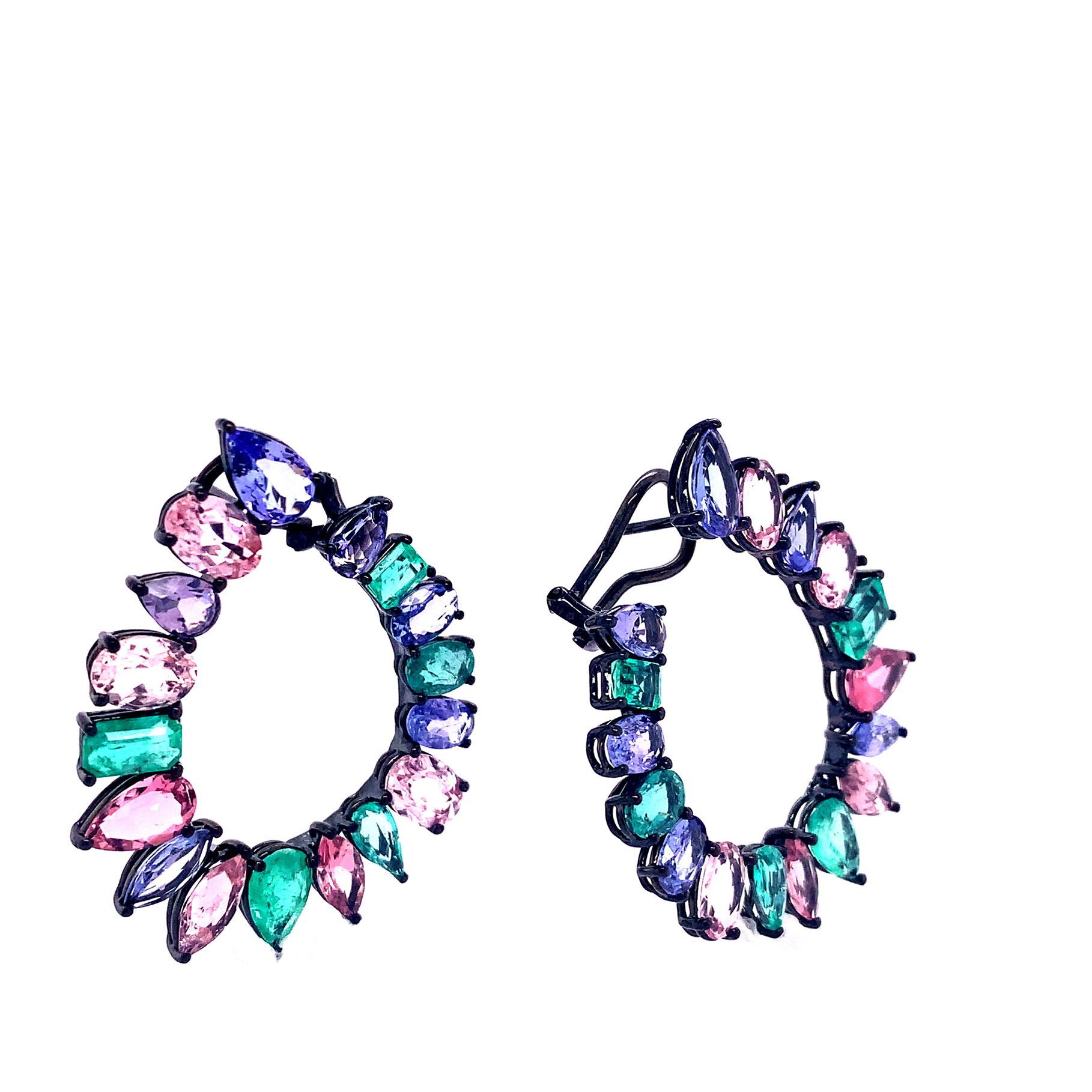 Mixed Cut Ruchi New York C Shape Emerald, Tanzanite and Tourmaline Earrings