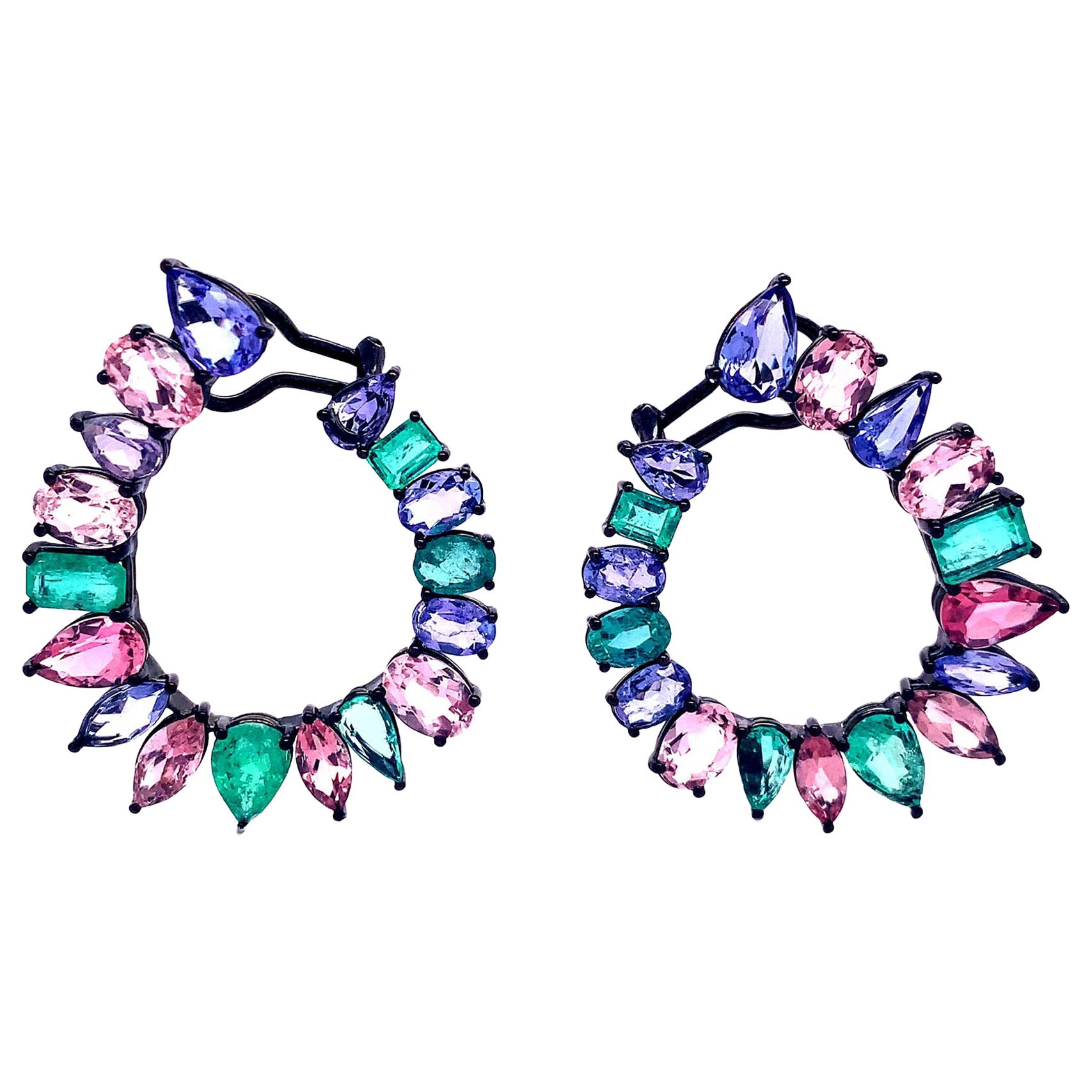 Ruchi New York C Shape Emerald, Tanzanite and Tourmaline Earrings