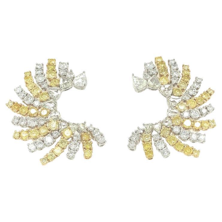 RUCHI Rose-Cut Yellow and White Diamond Two-Tone Gold C-Shape Hoop Earrings For Sale