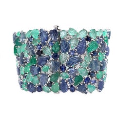 RUCHI Diamond, Carved Emerald and Blue Sapphire Leaf White Gold Wide Bracelet