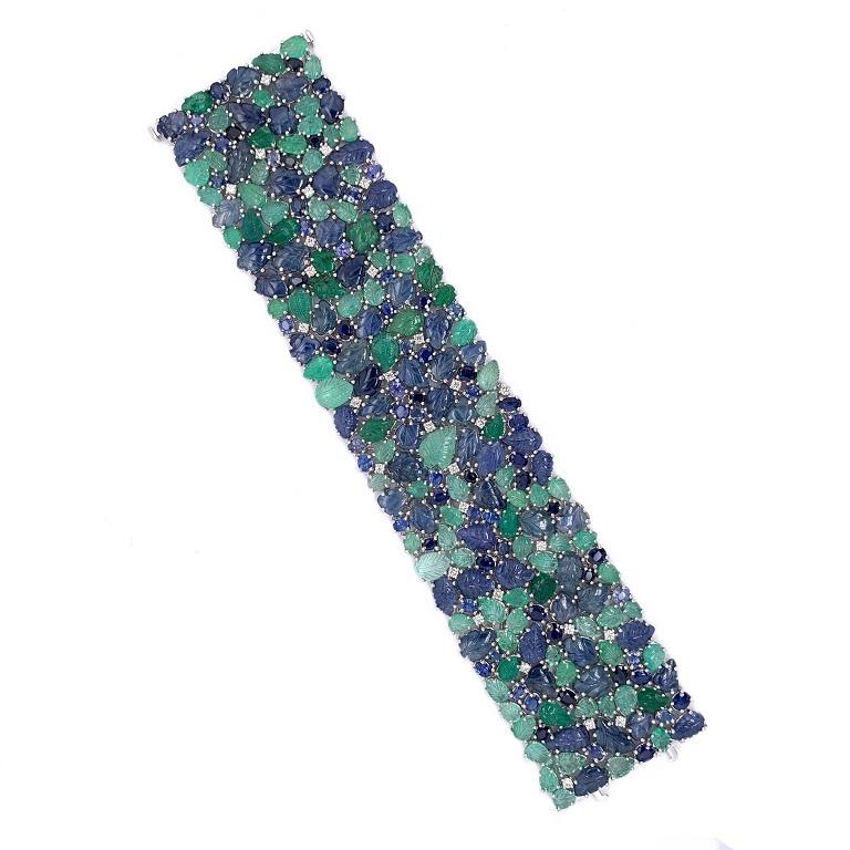 Contemporary RUCHI Diamond, Carved Emerald and Blue Sapphire Leaf White Gold Wide Bracelet For Sale