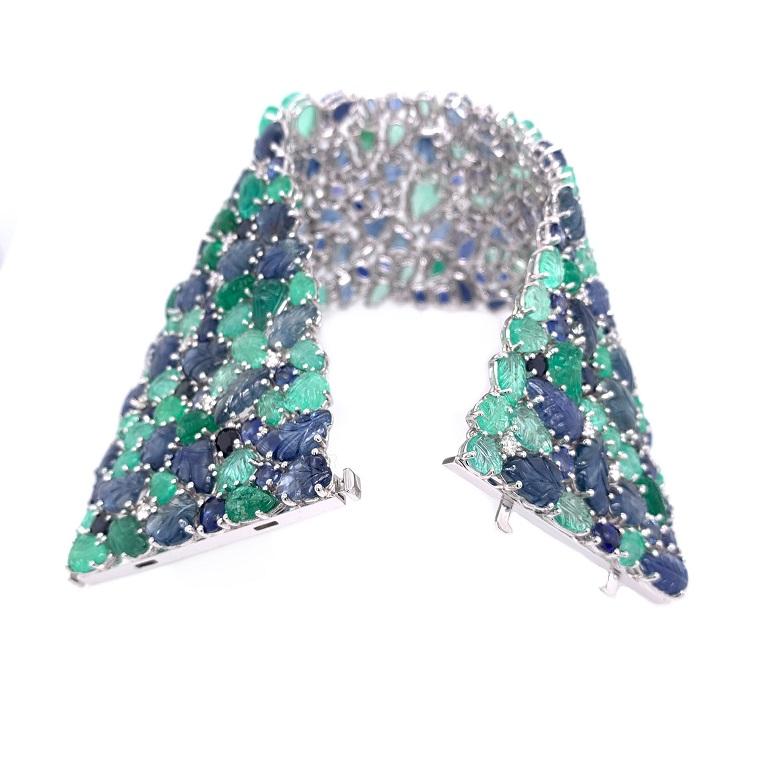 Mixed Cut RUCHI Diamond, Carved Emerald and Blue Sapphire Leaf White Gold Wide Bracelet For Sale