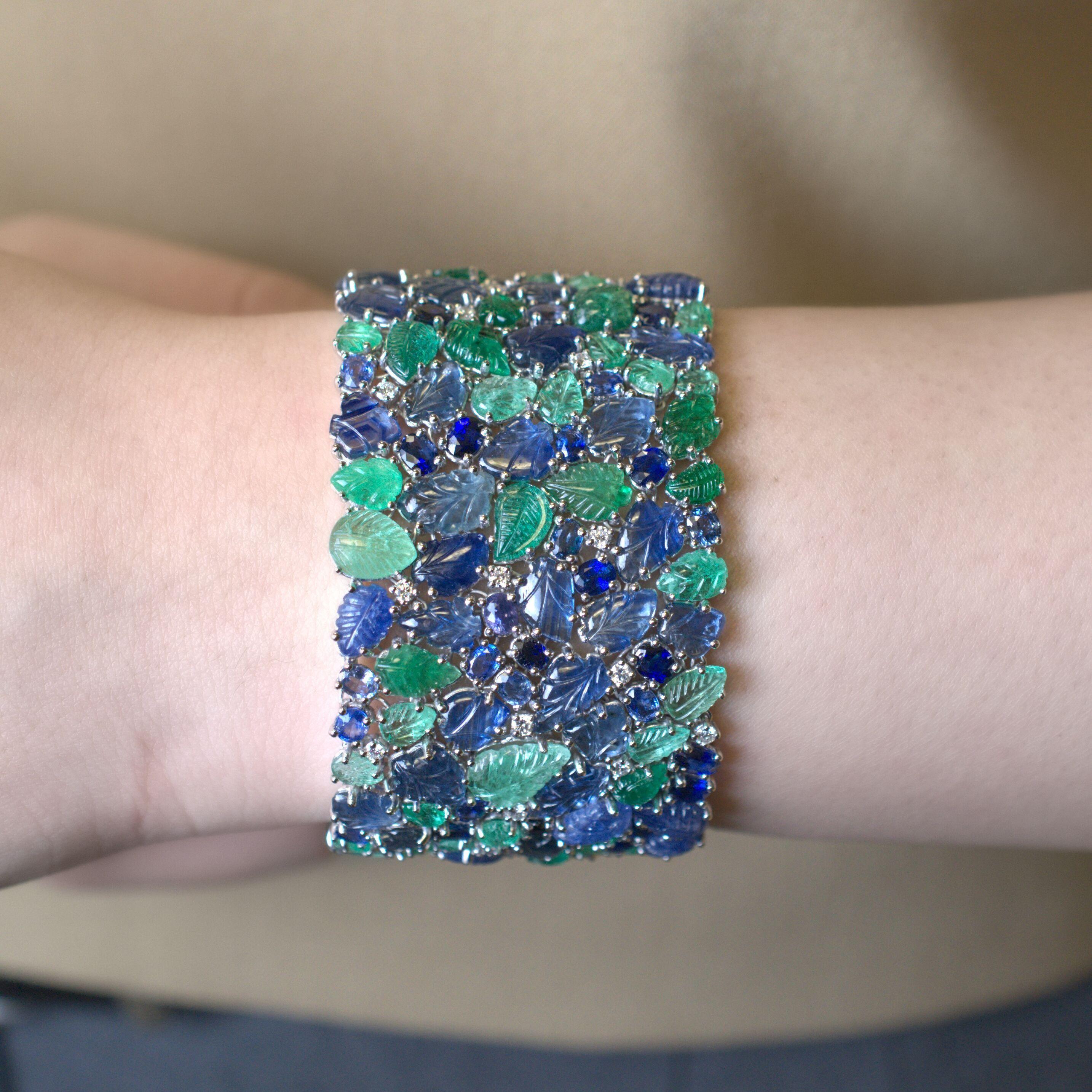 RUCHI Diamond, Carved Emerald and Blue Sapphire Leaf White Gold Wide Bracelet In New Condition For Sale In New York, NY