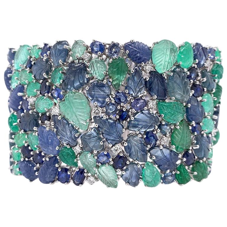 RUCHI Diamond, Carved Emerald and Blue Sapphire Leaf White Gold Wide Bracelet