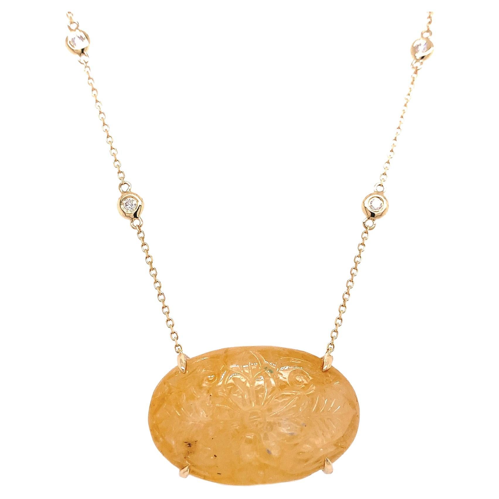 RUCHI Carved Yellow Sapphire with Diamond Yellow Gold Pendant Necklace For Sale