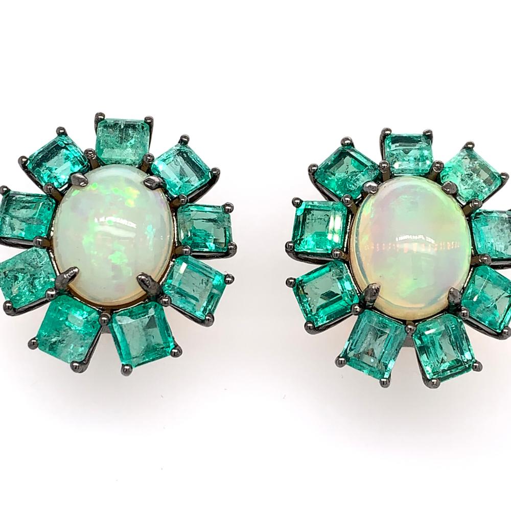 Princess Cut Ruchi New York Colombian Emerald and Ethiopian Opal Stud Earrings