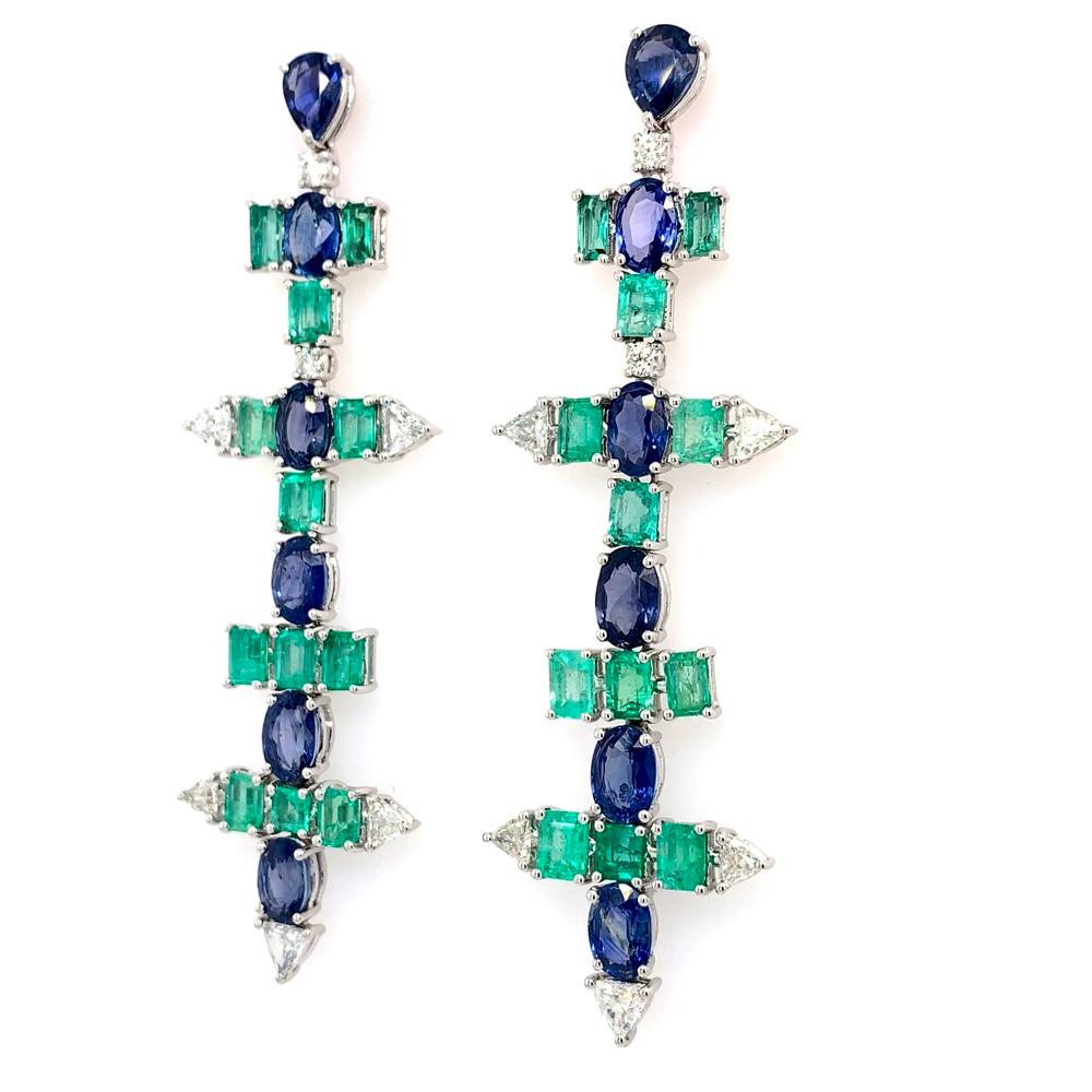 Contemporary RUCHI Emerald, Blue Sapphire and Diamond White Gold Linear Earrings For Sale