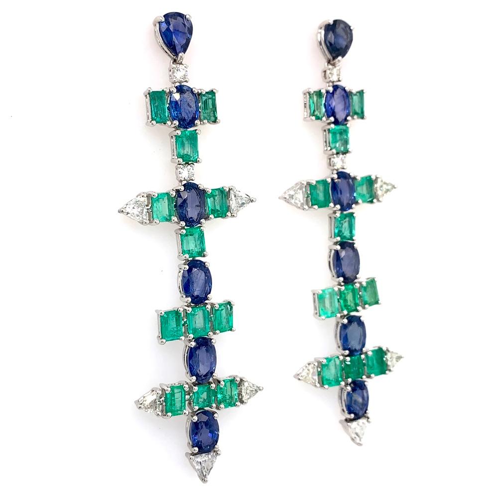 Princess Cut RUCHI Emerald, Blue Sapphire and Diamond White Gold Linear Earrings For Sale