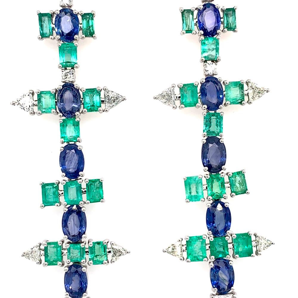 RUCHI Emerald, Blue Sapphire and Diamond White Gold Linear Earrings In New Condition For Sale In New York, NY