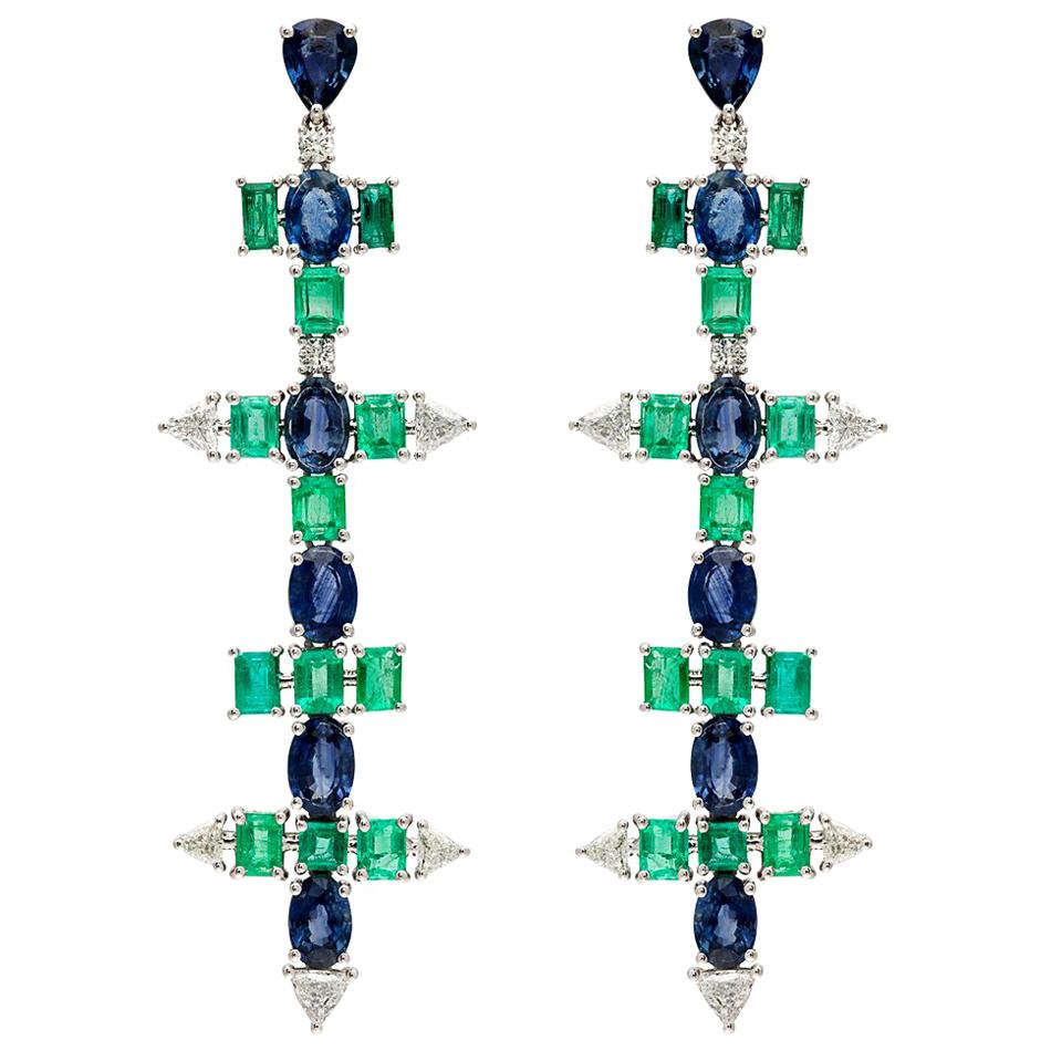 RUCHI Emerald, Blue Sapphire and Diamond White Gold Linear Earrings For Sale